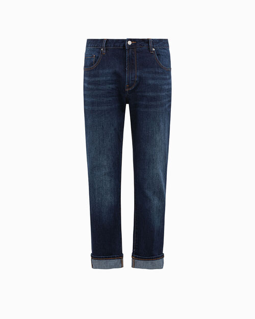 Jeans blu denim con fondo gamba risvoltato, JEANS