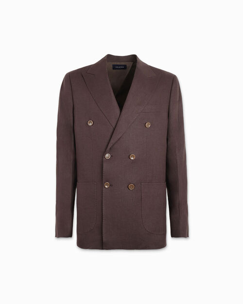 Giacca doppiopetto da uomo in lino marrone, BROWN
