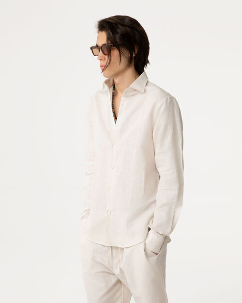 Camicia beige in lino con colletto classico, BEIGE
