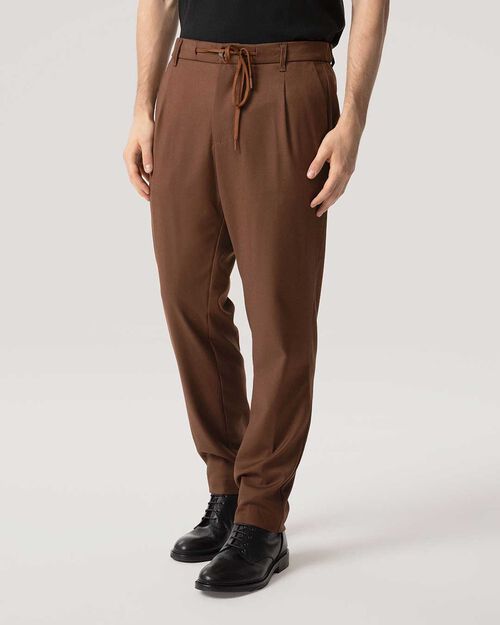 Pantaloni cognac con coulisse e pince, COGNAC