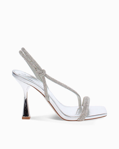 Sandali donna in laminato argento con pietre, tacco 8,5 cm, SILVER