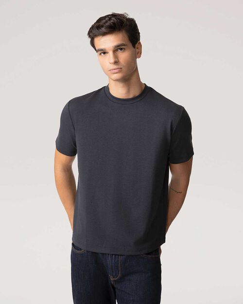 T-shirt blu girocollo con orlo dritto, BLUE