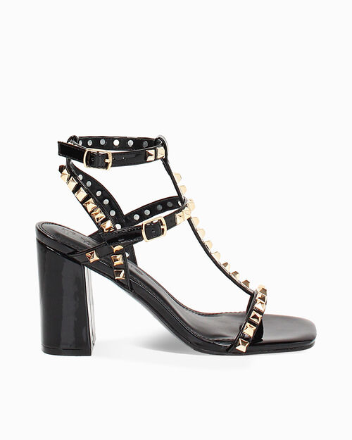 Sandalo da donna con borchie in vernice nero, BLACK