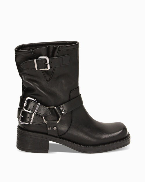 Stivaletti biker neri in pelle, tacco 4,8 cm, BLACK