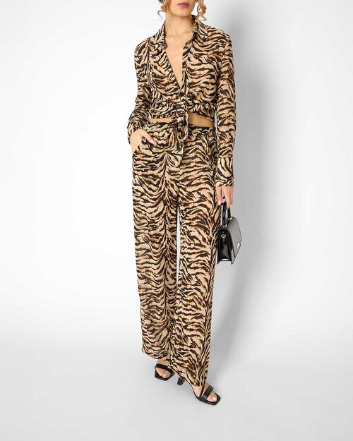 Pantaloni da donna con stampa animalier nera-beige, MULTI COLOR