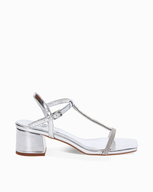 Sandalo da donna con tacco largo in laminato e pietre, color argento, SILVER