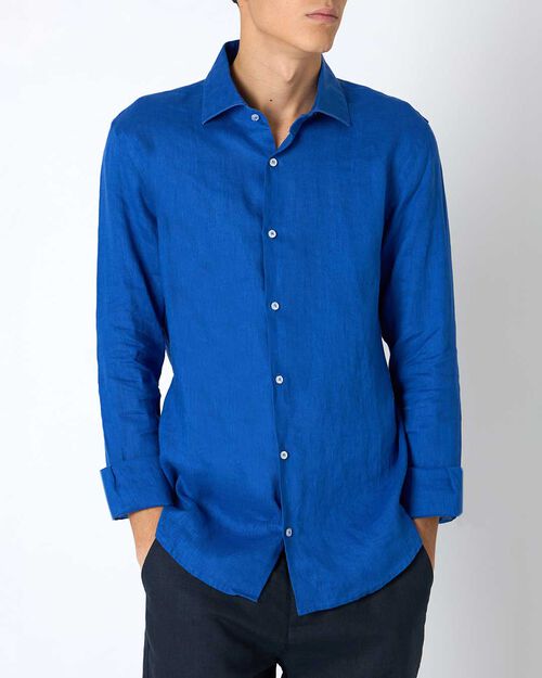 Camicia da uomo in lino blu cobalto, MULTI COLOR