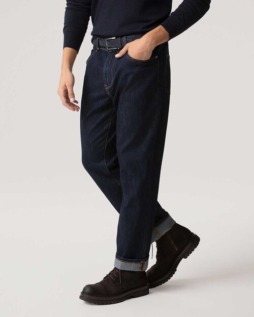 Jeans blu denim regular fit con cuciture a contrasto, JEANS