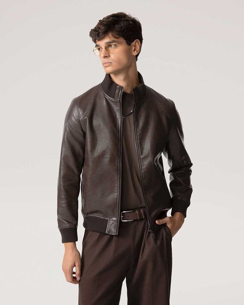 Giubbotto marrone con colletto in maglia, BROWN