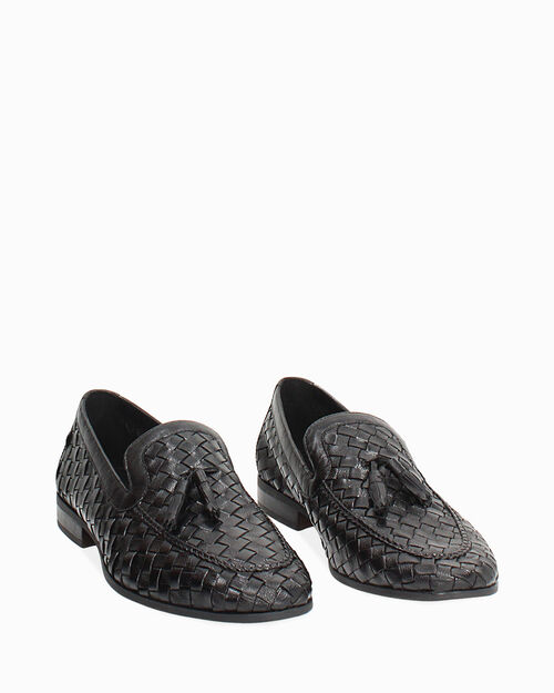 Mocassino nero intrecciato con nappine, BLACK