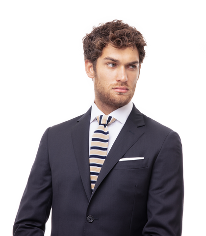 Cravatta blu/beige rigata in cotone con fondo dritto, Valerio 1966, 11I9T0026TSBLBEUNI, 002