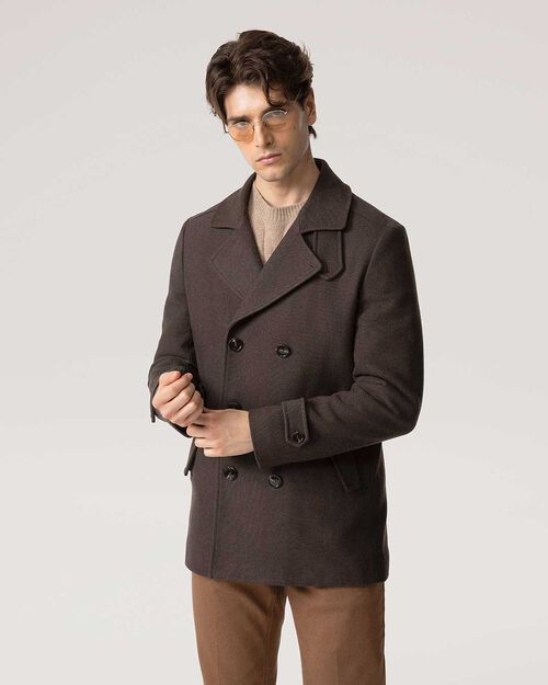 Cappotto marrone doppiopetto con rever ampio, BROWN