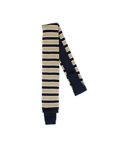 Cravatta blu/beige rigata in cotone con fondo dritto, Valerio 1966, 11I9T0026TSBLBEUNI, 001