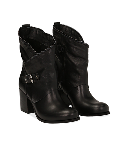 Ankle boots neri in pelle di vitello con gambale traforato, tacco 7 cm, Valerio 1966, 1156T0308VINERO036, 002