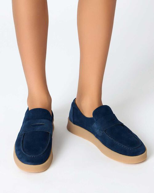 Mocassino da uomo in camoscio blu con fondo crepes, BLUE