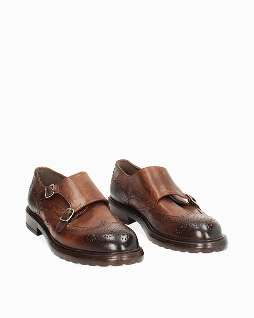 Mocassino in pelle marrone con doppia fibbia, BROWN