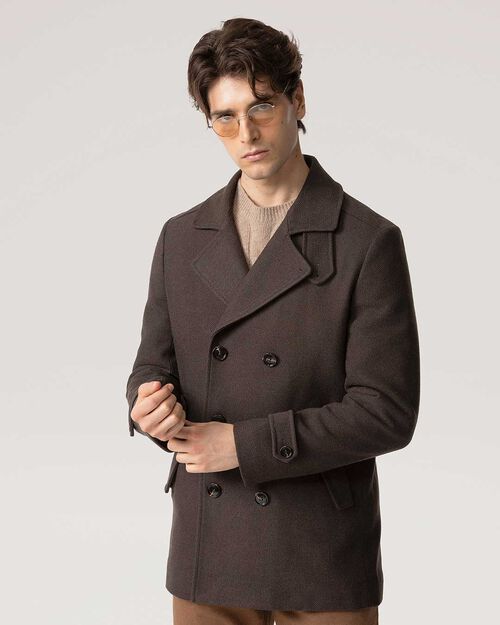 Cappotto marrone doppiopetto con rever ampio, BROWN