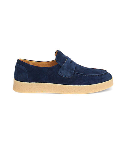 Mocassino da uomo in camoscio blu con fondo crepes, Valerio 1966, 25U6T9808CMBLUE039, 001