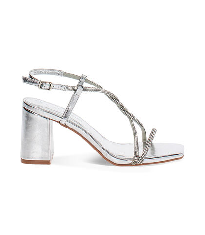 Sandalo da donna con tacco largo, laminato e pietre, color argento, Valerio 1966, 2549T6327LPARGE035, 001