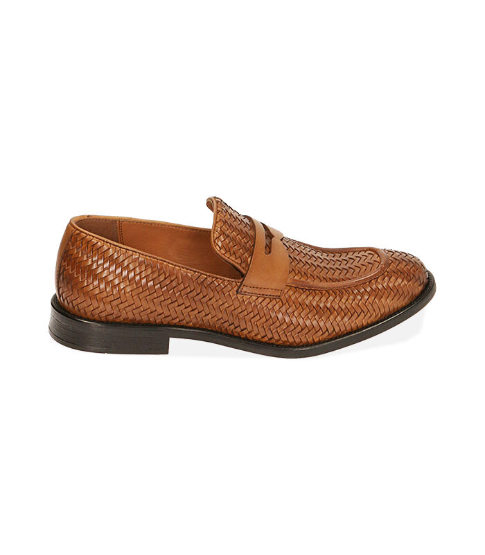 MAN SHOES MOCASSINS LEATHER-BRAIDED COGN, Valerio 1966, 1914T9702PICOGN040