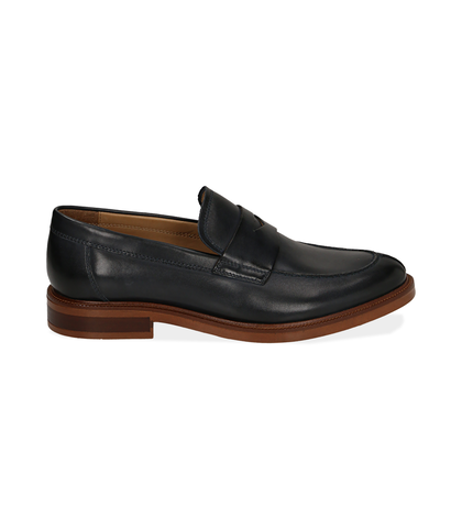 Mocassini blu in pelle, UOMO, 1577T0607PEBLUE039, 001