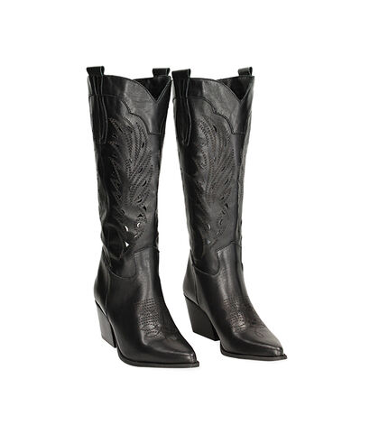 Stivale texano da donna con motivo traforato nero, Valerio 1966, 23L6T5050PENERO035, 002