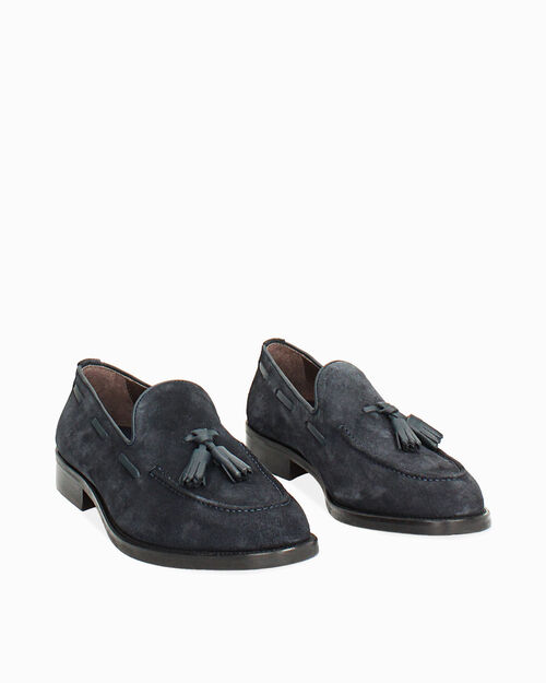 Mocassino in camoscio blu con nappina, BLUE