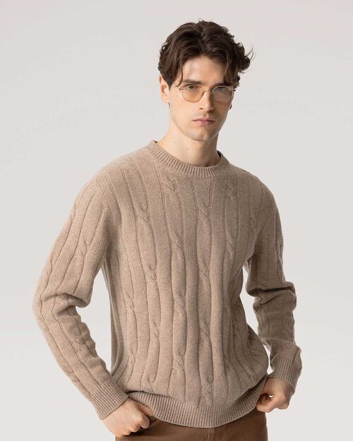 Maglione beige in lana con trecce, BEIGE