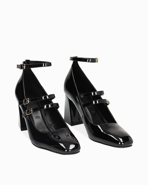 D&eacute;collet&eacute; nere in vernice con stringhe, tacco 7,5 cm, BLACK