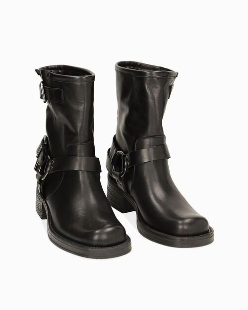 Stivaletti biker neri in pelle, tacco 4,8 cm, BLACK