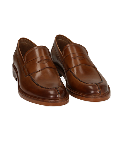 Mocassini cuoio in pelle, UOMO, 1577T0607PECUOI039, 002