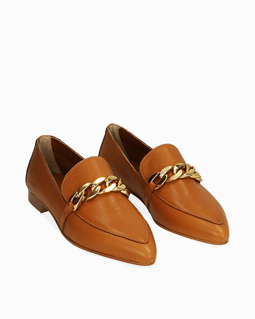 Mocassini cognac in pelle con maxi-chain, COGNAC