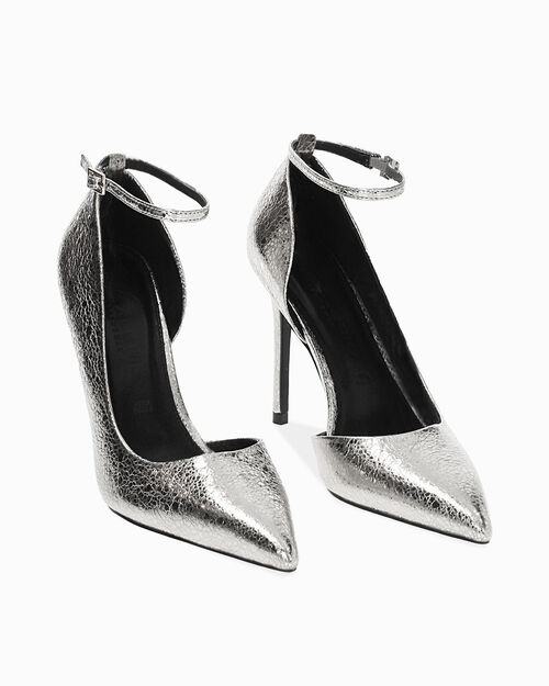 D&eacute;collet&eacute; open shank laminate argento, tacco 10,5 cm, SILVER