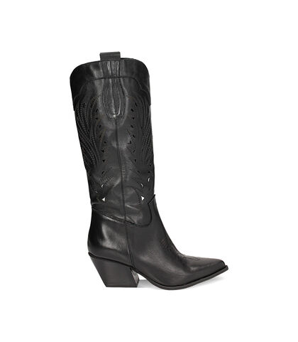 Stivale texano da donna con motivo traforato nero, Valerio 1966, 23L6T5050PENERO035, 001