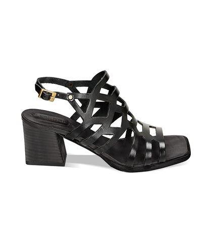 Sandalo da donna in vacchetta intrecciata nero, tacco largo 7,5 cm, Valerio 1966, 2572T6539VANERO035, 001