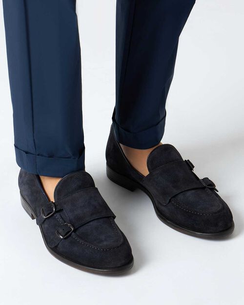 Mocassini da uomo con doppia fibbietta in camoscio blu, BLUE