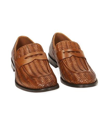 MAN SHOES MOCASSINS LEATHER-BRAIDED COGN, Valerio 1966, 1914T9702PICOGN039, 002