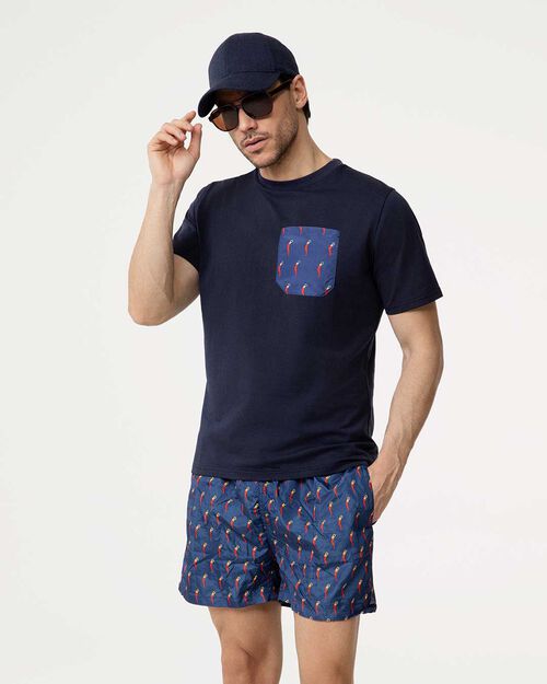 T-shirt blu con taschino fantasia rossa, MULTI COLOR