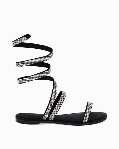 Sandali da donna bassi neri con serpentina in strass, BLACK