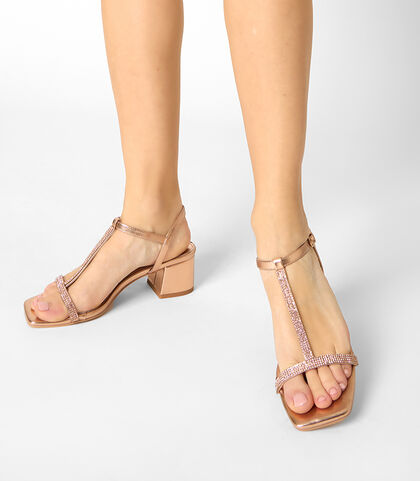 Sandalo da donna con tacco largo in laminato e pietre, color rosa-oro, Valerio 1966, 2549T4515LPRAOR035, 002