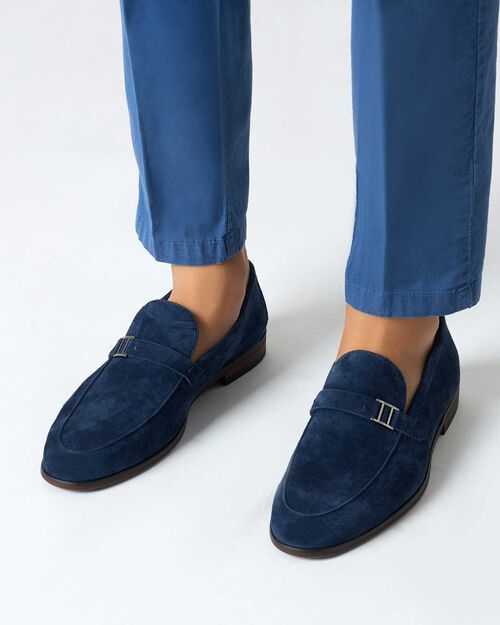Mocassini da uomo blu in camoscio, BLUE