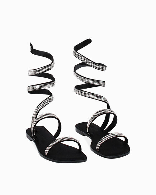 Sandali da donna bassi neri con serpentina in strass, BLACK