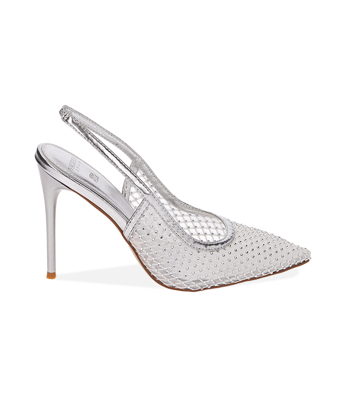 Slingback argento in rete, tacco 10,5 cm