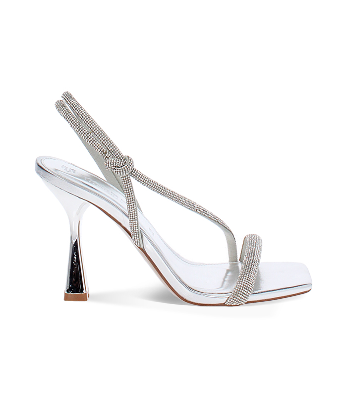 Sandali donna in laminato argento con pietre, tacco 8,5 cm