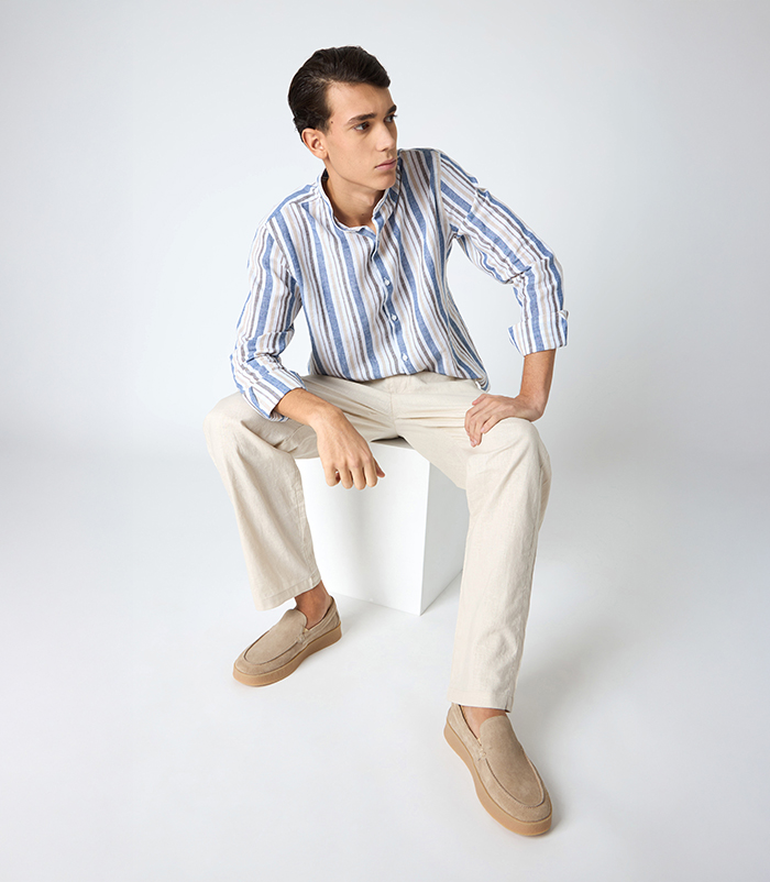 Camicia da uomo in lino con collo alla coreana blu e beige
