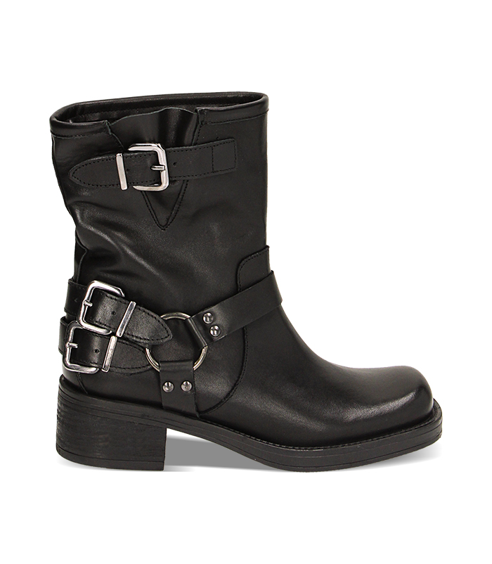 Stivaletti biker neri in pelle, tacco 4,8 cm