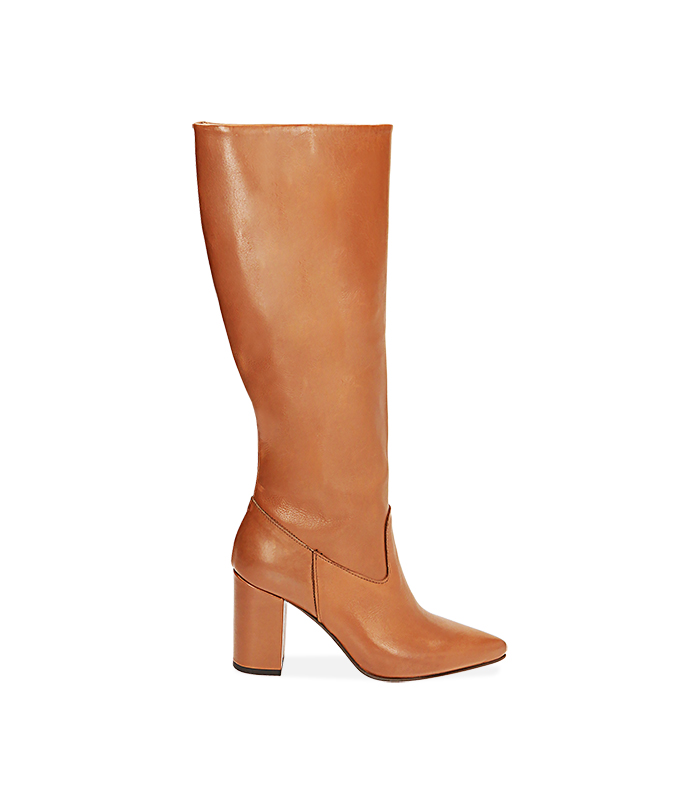 Stivali cognac in pelle, tacco 9 cm 