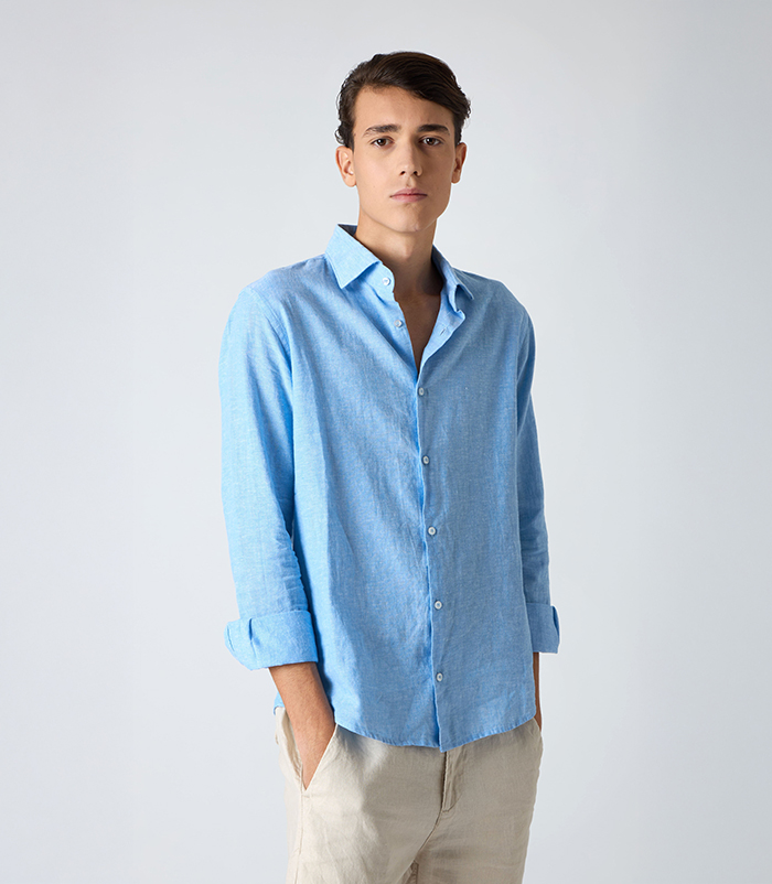 Camicia da uomo in lino celeste