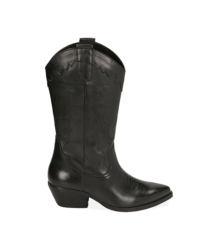 Stivali texani neri in pelle, tacco 5,5 cm