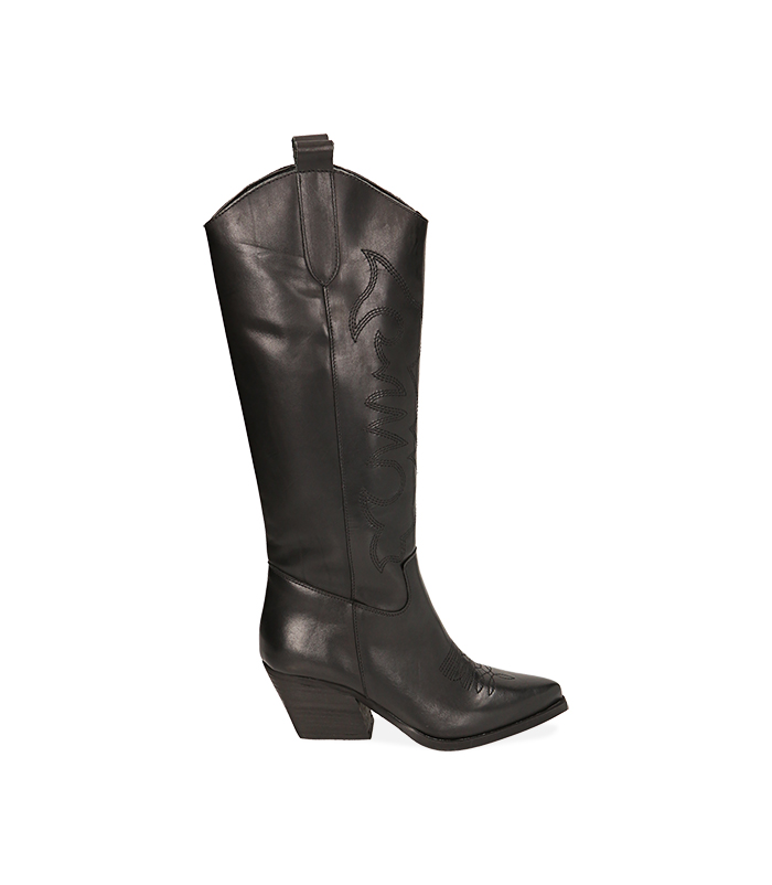 Stivali texani neri in pelle, tacco 7 cm 
